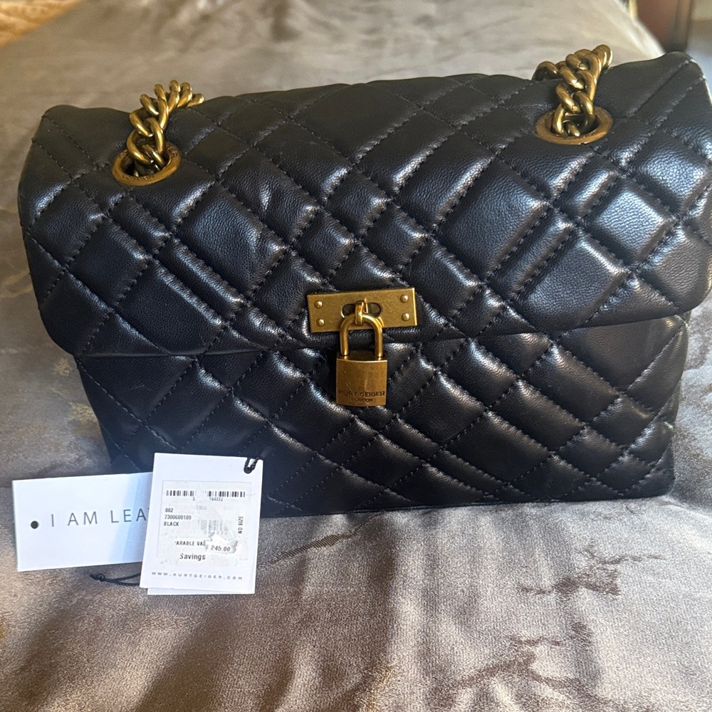Kurt Geiger Black Quilted Leather Shoulder Bag with Gold Chain